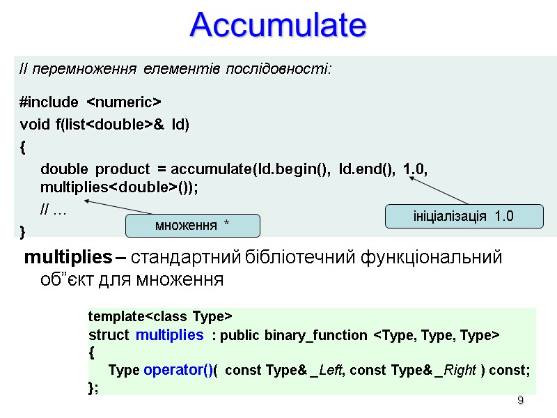 Accumulate // перемноження елементів послідовності:  #include <numeric> void f(list<double>& ld) {  double